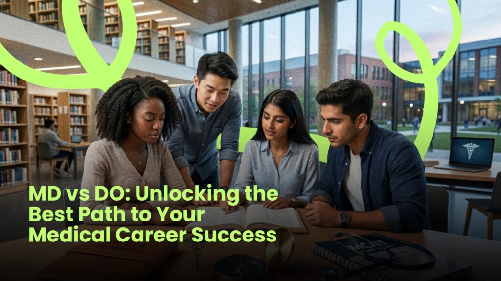 Students huddling thinking about the MD vs DO path blog banner with the text: MD vs DO: Unlocking the Best Path yo Your Medical Career Success