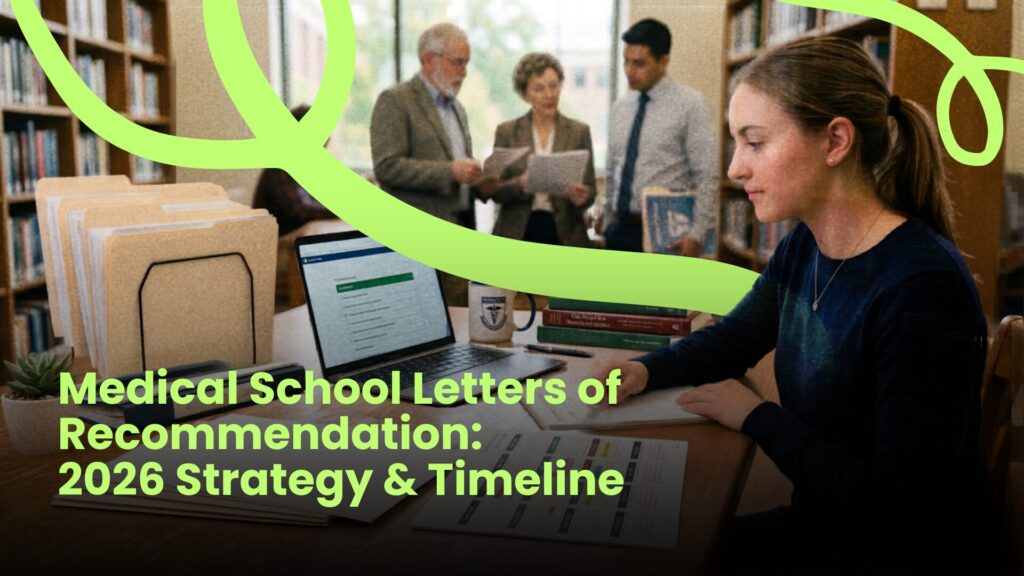 Student reviewing documents on a laptop in a library while faculty discuss papers in the background, illustrating preparation for medical school letters of recommendation and application strategy.