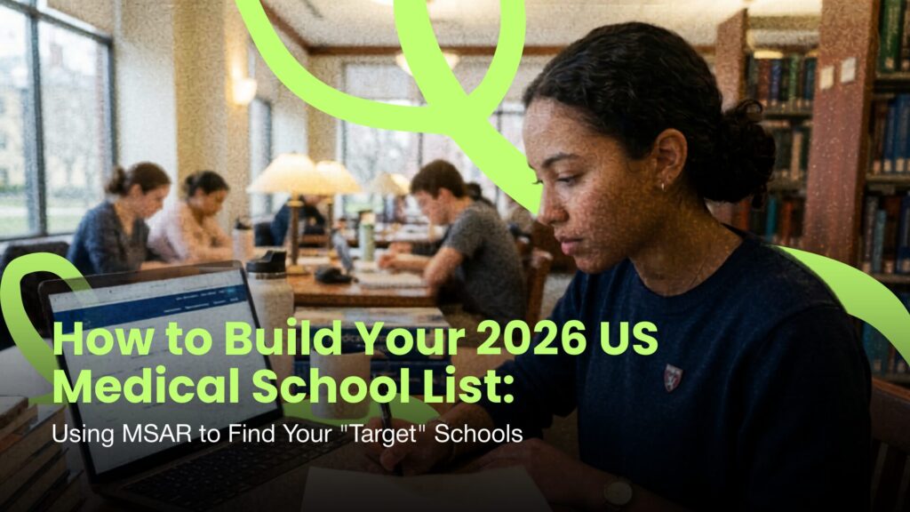 How to Build Your 2026 USA Medical School List: Using MSAR to Find Your "Target" Schools Student studying on a laptop in a library while researching medical schools, illustrating how to build a 2026 U.S. medical school list using MSAR to identify target schools.