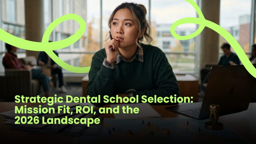 Thoughtful student studying at a table with laptop and notes, representing strategic decision-making in dental school selection, with overlay text about mission fit, ROI, and the 2026 admissions landscape.