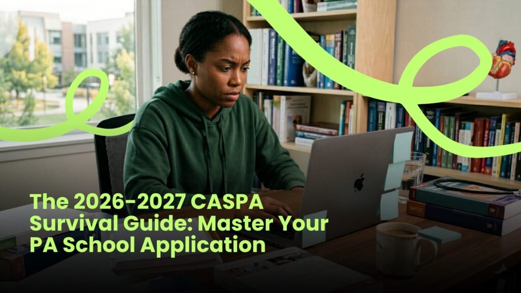 Focused student working on a laptop at a desk with books and notes, illustrating preparation for PA school applications, with overlay text about the CASPA survival guide.
