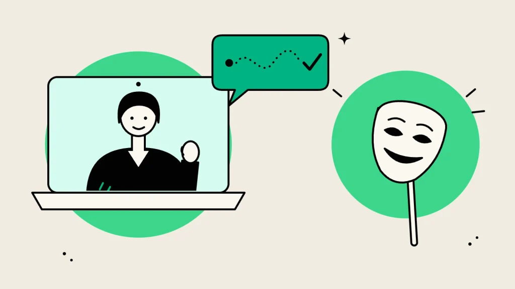 Illustration of a person on a video call beside a smiling mask, showing honest answers versus a performed persona