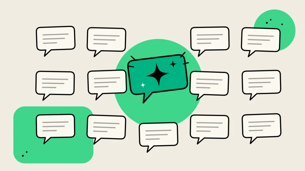 Illustration of a standout speech bubble among many plain ones, showing a unique interview answer