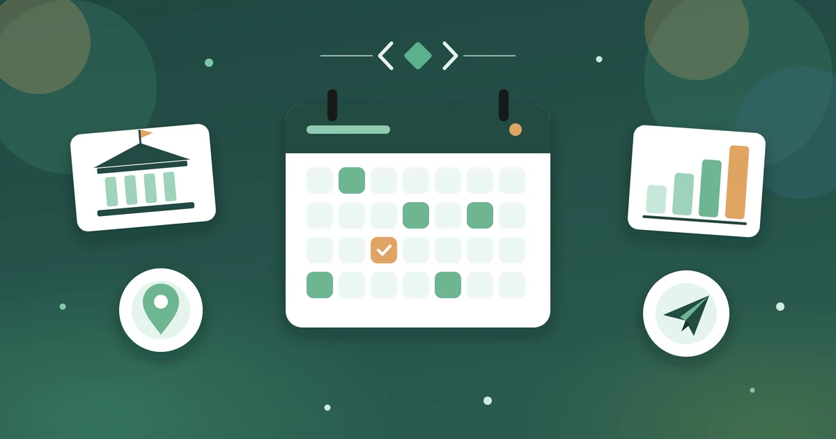 Casper for medical school: a test-date calendar with the chosen date checked, surrounded by a medical school building, a location pin, a quartile score chart, and a paper plane for sending scores to schools