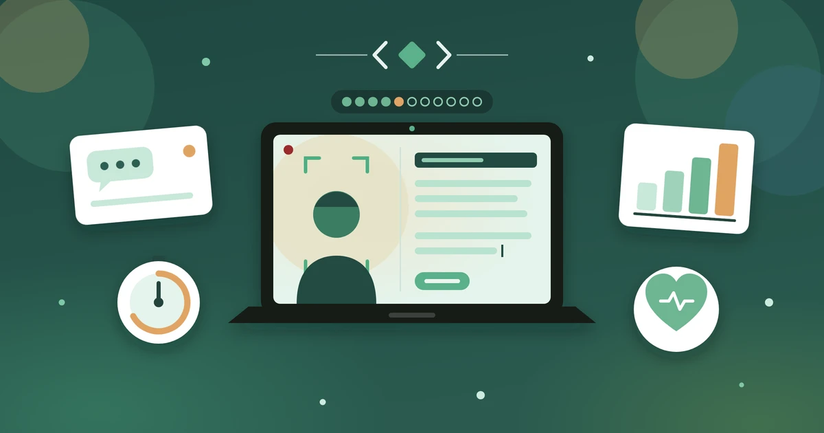 Casper test preparation: applicant answering a Casper scenario on a laptop with video and typed-response panels, a scenario progress tracker, timer, quartile score chart and empathy icons