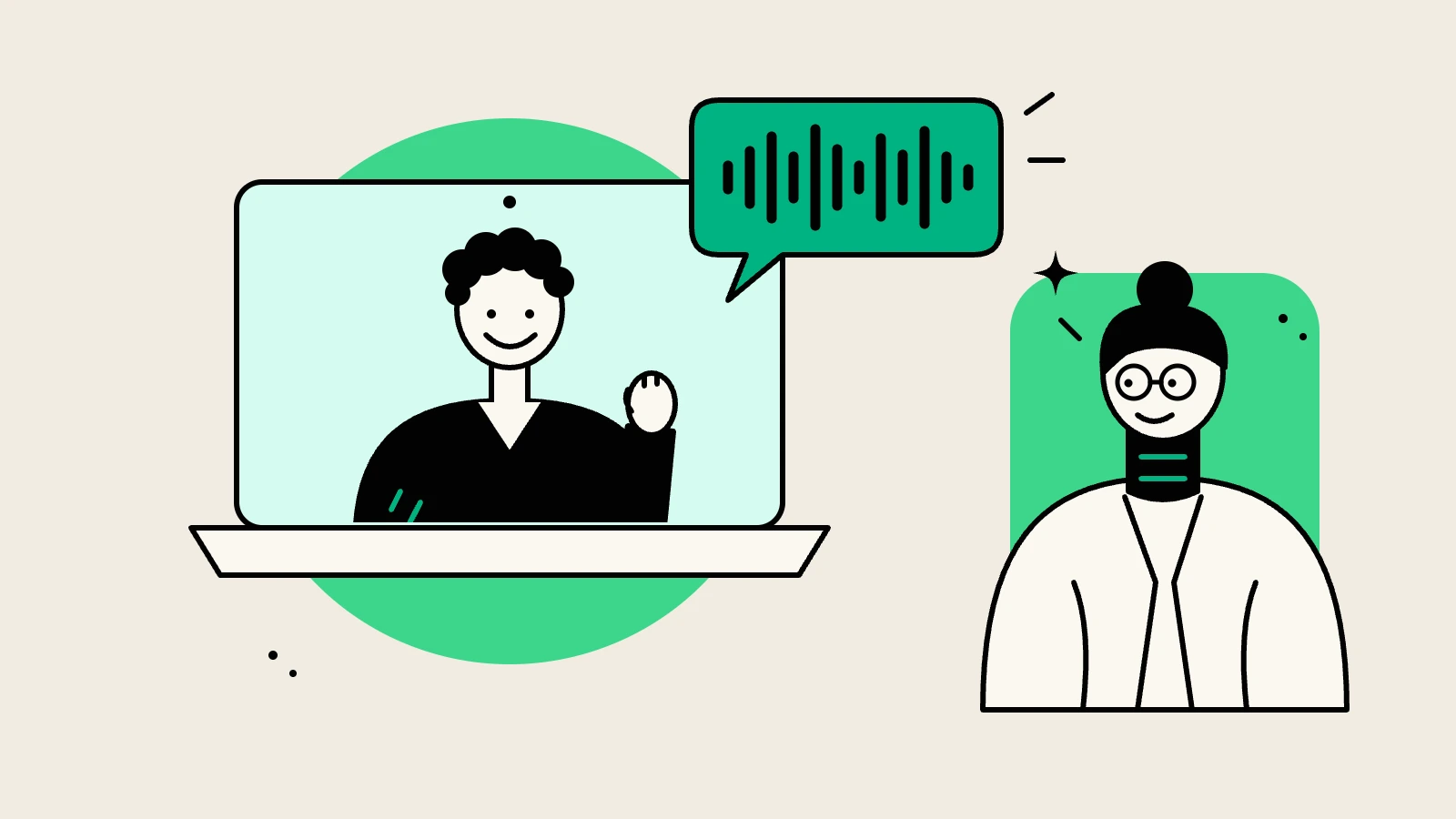 Illustration of a person on a video call speaking with another person, showing a conversational tone