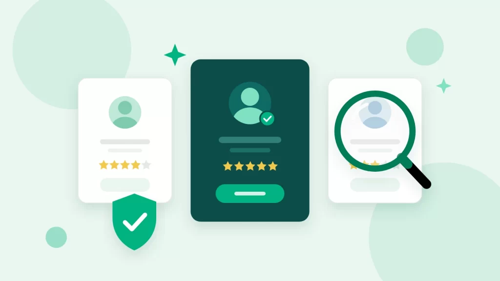 Illustration of comparing verified consultant profiles and reviews with a magnifying glass to find affordable medical school consulting in Canada
