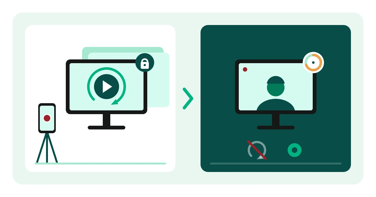 Illustration comparing Kira assessment practice, with private replays and self-recording, to the real assessment with one timed attempt and no replays