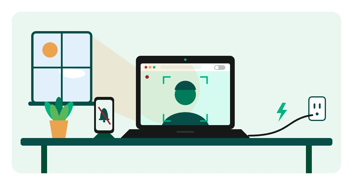 Illustration of a home setup for the Kira Talent assessment for medical school: natural light, centered webcam framing, phone silenced and laptop plugged in
