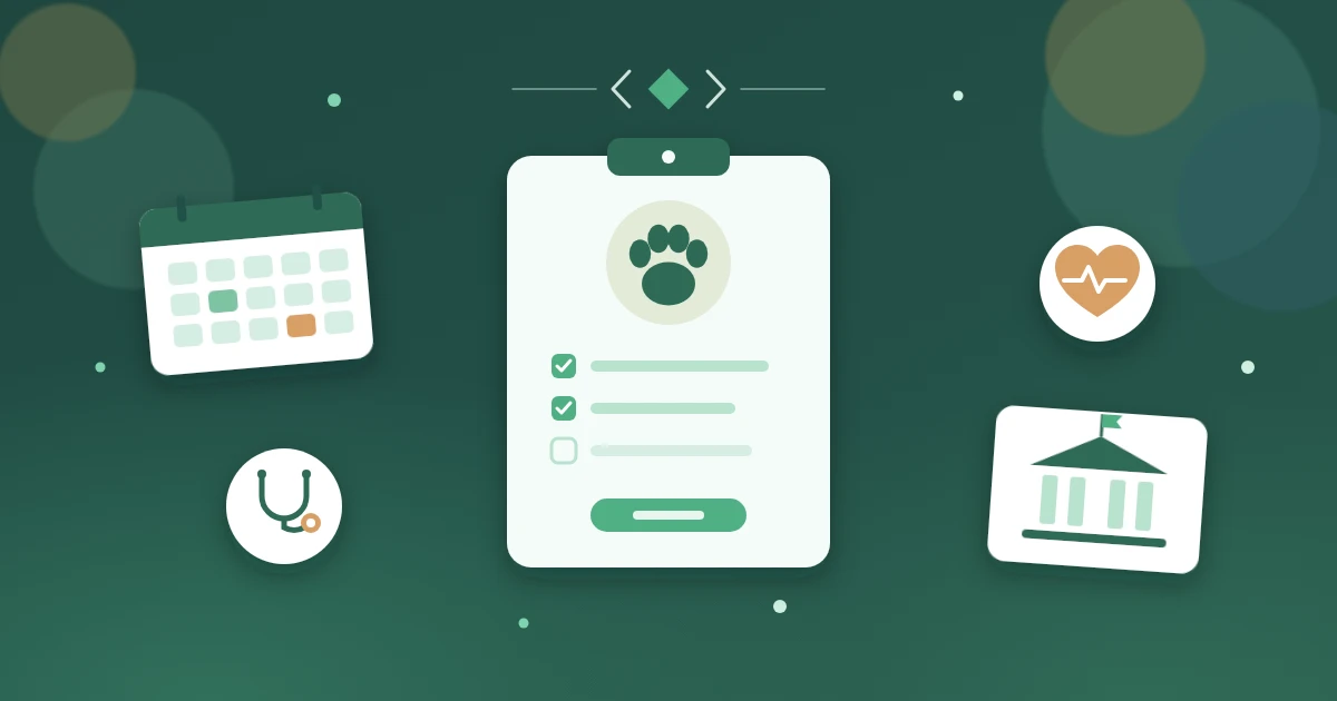Illustration of an Ontario Veterinary College application checklist with a paw print, calendar, stethoscope and university building for the OVC application guide