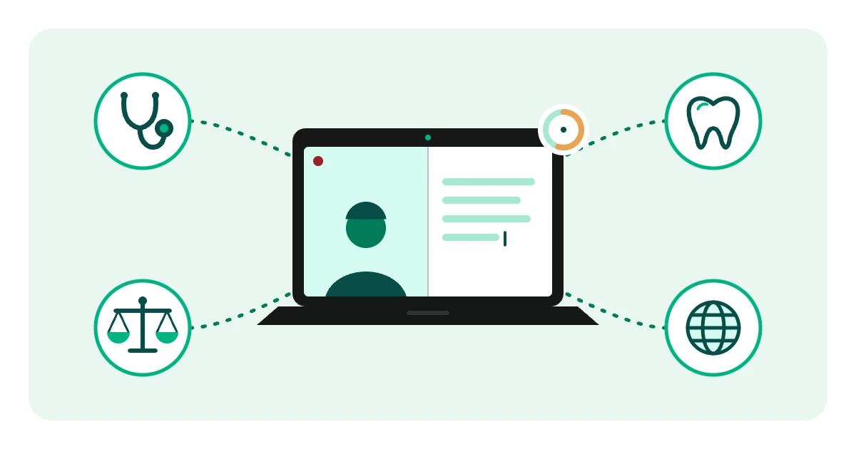Illustration of the Kira Talent assessment for medical school: one online platform with timed video and written questions, used by medicine, dentistry and law programs worldwide